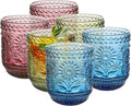 Topsky Vintage Colored Glassware Set of 6,12 oz Green Sunflower Drinking Glasses Set,Blue Drinkware Glasses for Wine,Cocktail,juice,Heavy Duty Glass Cups