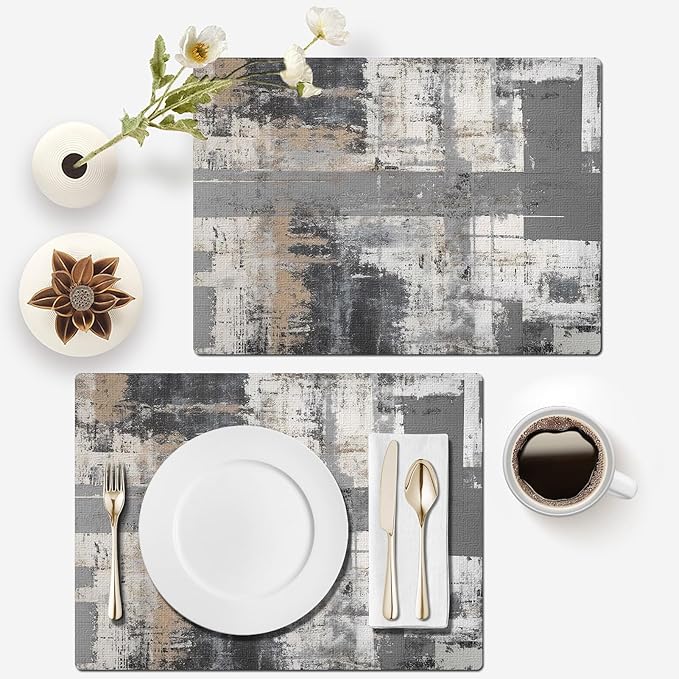 Mcalk Grey Table Runner and Placemats Set of 6, Abstract Black Placemats, Modern Cloth Place Mats Indoor for Kitchen,Washable Linen Material for Dining Table
