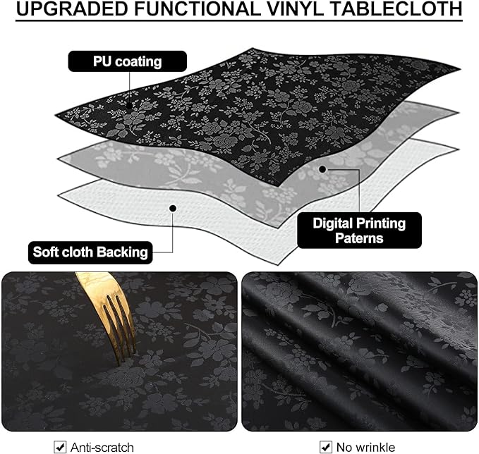 Smiry Square Table Cloth, Waterproof Heavy Duty Vinyl Tablecloths, Wipeable Washable Table Cover for Kitchen and Dining Room (Black, 54" X 54")