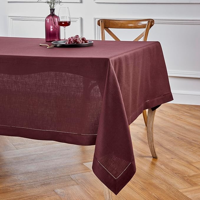 Solino Home Linen Burgundy Tablecloth 60 x 120 Inch - Classic Hemstitch, 100% Pure Linen Rectangular Tablecloth - Machine Washable Table Cloth for Winter, Valentines