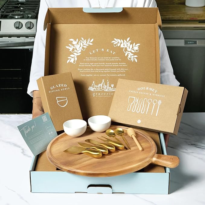 Charcuterie Board Set - Round Acacia Cheese Board Serving Tray with Accessories - House Warming Gifts for New Home, Bridal Shower & Wedding Gift, Birthday Gifts for Women