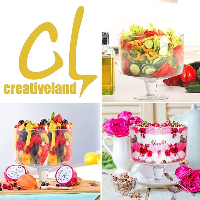 CREATIVELAND Trifle bowl Glass Crystal-Clear Set of 1, 116oz(3.3L), Footed Trifle Bowl with Stand, Trifle dish for decadent dessert like salad, fruit, ice cream, parfait, pudding, Party Bowl