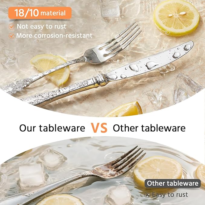 KINGSTONE Vintage Carved Silverware Set, 20-Piece 18/10 Stainless Steel Flatware Cutlery Set with Retro Royal Thick Handle, Tableware Utensils for Home, Restaurant, party, Wedding, Dishwasher Safe