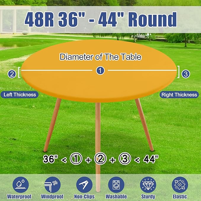 Round Spandex Tablecloth 2 Pack, Elastic Fitted Waterproof Tablecloths for 36"-44" Tables, Stretch Washable Picnic Table Cover for Camping, Dining, Indoor and Outdoor, Mustard Yellow