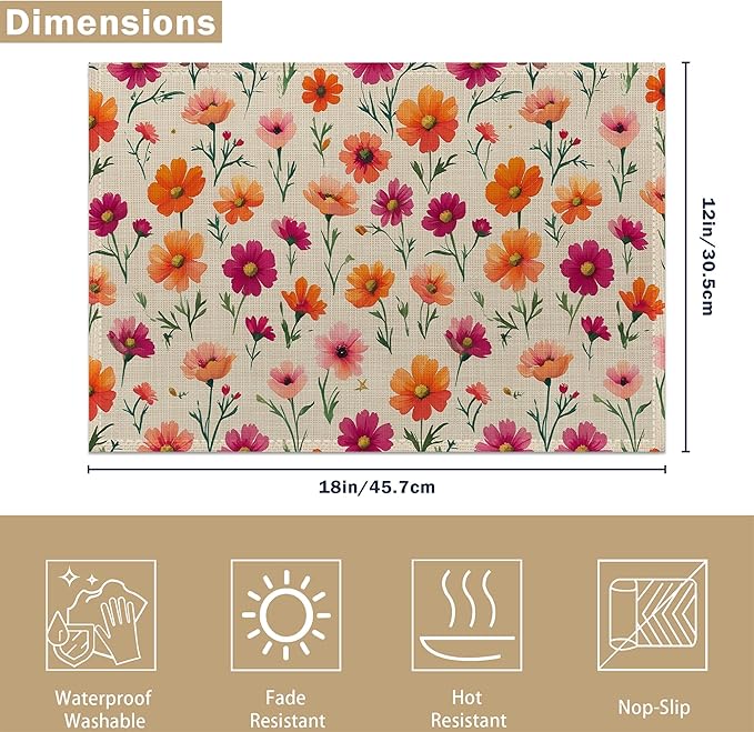 Herbs and Wild Flowers Spring Placemats, Seasonal Summer Placemats 12x18 Inch Waterproof Non-Slip Washable Table Mats for Kitchen Dining Party Table Decor,Set of 6