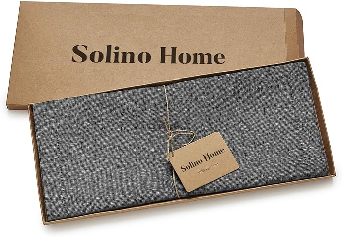 Solino Home Linen Table Runner 90 Inches Long - Athena, 100% Pure Linen Charcoal Grey Table Runner 14 x 90 Inch for Dining, Winter