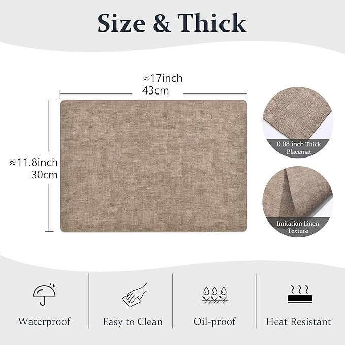 FROMHEART Faux Leather Placemats Set of 6–Waterproof,Heat/Oil Stain-Resistant PU Table Mat–Reversible,Non-Slip,Easy to Clean Place Mats for Kitchen,Dining,Indoor/Outdoor,(Light Coffee,11.8" x 17")