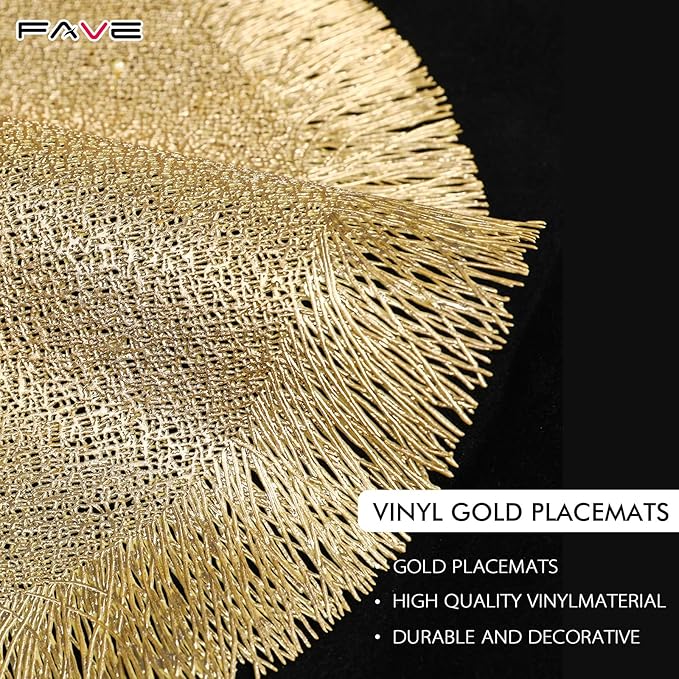 FAVE Set of 10 Round Gold Vinyl Placemats, Luxury Spiral Pattern for Formal Events, Restaurant, Parties, Birthdays (15 Inch,10PCS)