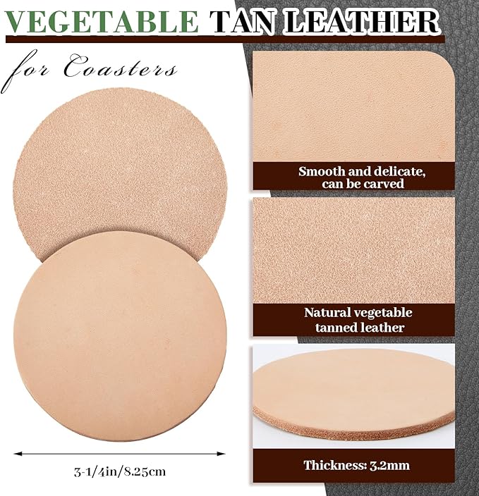 Bulyoou 25 Pack Round Vegetable Tan Leather 3-1/4" Tooling Veg Circular Leather Pieces Sheet for Laser Engraving Coasters Tooling Stamping Carving, Thickness 3.2 mm