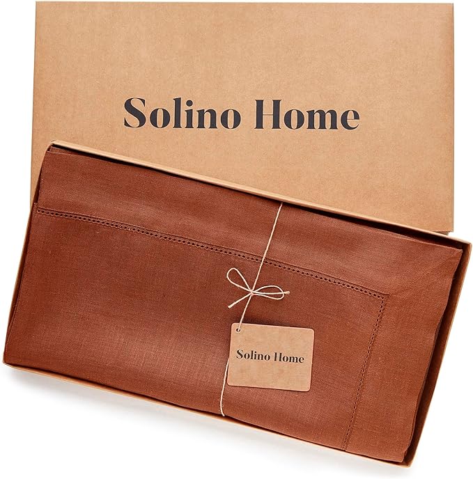 Solino Home Linen Cinnamon Tablecloth 60 x 132 Inch - Classic Hemstitch, 100% Pure Linen Rectangular Tablecloth - Machine Washable Table Cloth