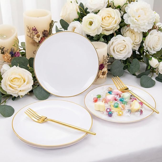 Rubtlamp 200Pcs Gold Plastic Dessert Plates,White Appetizer Platos with Gold Disposable Forks, Fancy Small Dessert/Cake Plates Include 100pcs 7.5" Salad Platos, 100pcs 7.6" Plastic Forks for Party