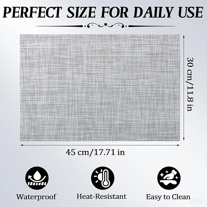 Timeet Placemats Set of 6, Heat Resistant Non-Slip Place Mats for Dining Table, Durable Washable PVC Vinyl Woven Table Mats, Linen Textured Placemats for Kitchen Resistant Easy to Clean(Gray