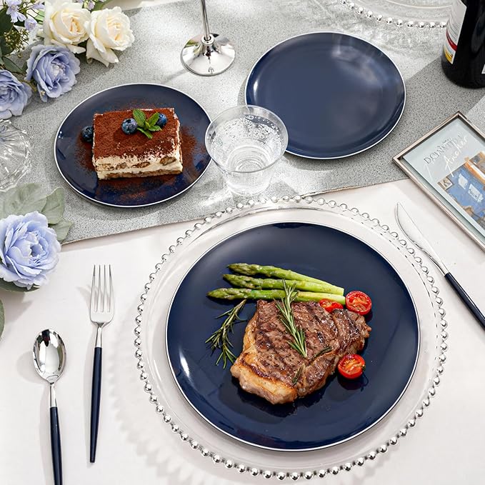 KIRE 175Pcs Blue Plastic Plates with Silver Rim & Disposable Silverware with Blue Handle & Silver-rim Cups & Hand Napkin & Plastic Dinnerware for Parties/Wedding
