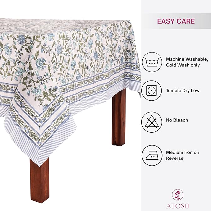 ATOSII Mahoka Blue 100% Cotton Square Fall Tablecloth, Handblock Floral Linen Table Cloth for Kitchen Dining Table I Parties Weddings Outdoors Easter Valentine's Gift I 60 X 60 Inches I 4 Seater