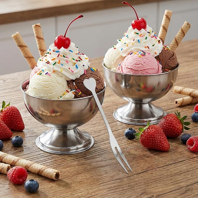 4 Pcs Stainless Steel Ice Cream Bowls Footed Dessert Cups for Sundae Parfait Yogurt Pudding Cake Salad Fruit Snacks Home Kitchen Use