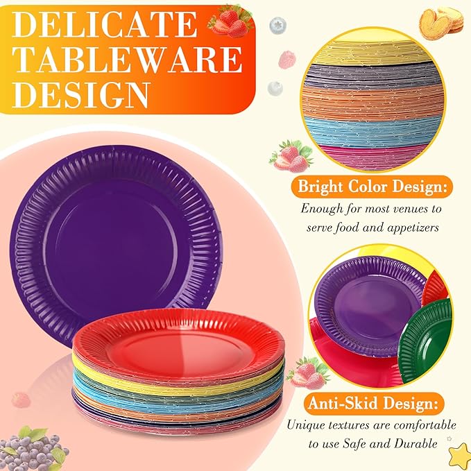Thenshop 300 Pcs Colorful Paper Plates 7 Inch Disposable Party Plates for Dessert Cake Birthday Party Supplies(Warm Colors)
