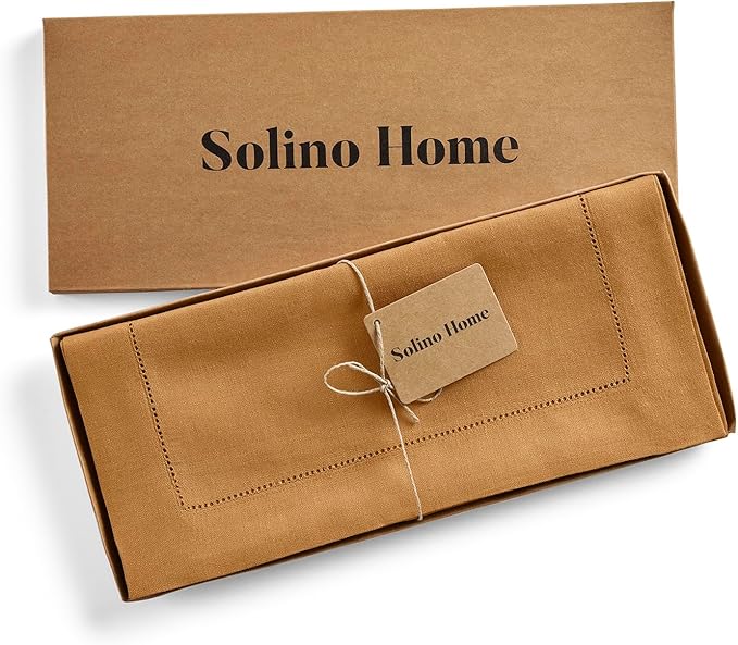 Solino Home Linen Brown Sugar Table Runner 72 Inches Long - 100% Pure Linen Hemstitch Table Runner 14 x 72 Inch for Dresser, Dining - Classic Hemstitch
