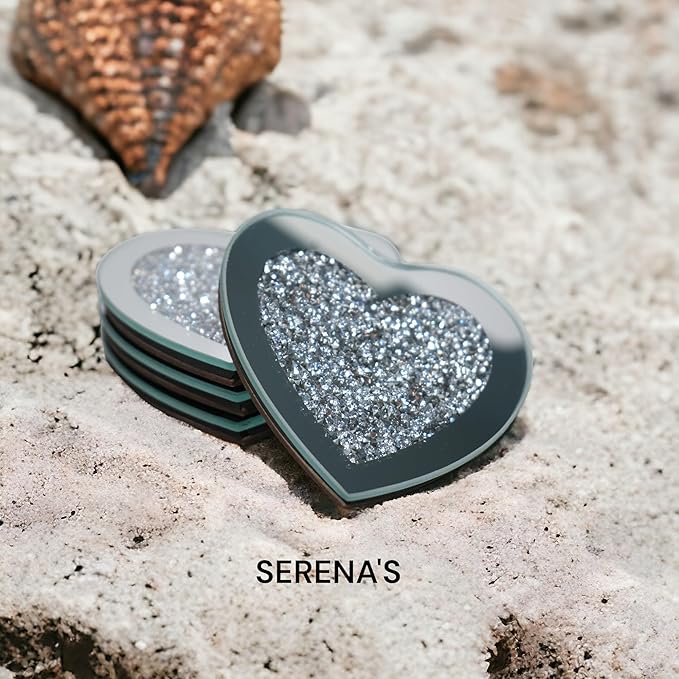Crushed Diamond Crystal Glass Mirrored Heart Love Coasters Set of 4 Glittering Bling Silver TRENDZY ® Drink Wine Coasters for Home Kitchen Bar & Restaurant Home Decor Birthday Wedding (Heart)