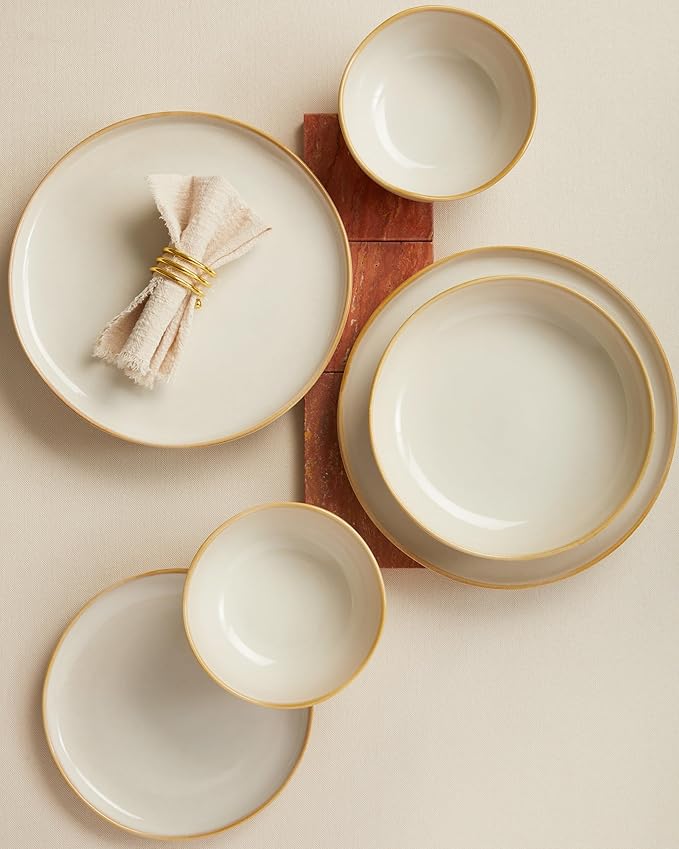 Ceramic Plates and Bowls Set, Everyday Dinnerware Set for 4, Wavy Rim Kitchen Dish Set, Chip Resistant Dishware Sets, Dishwasher Safe Dinner Set, Designed for Simple Meals, Yellow White