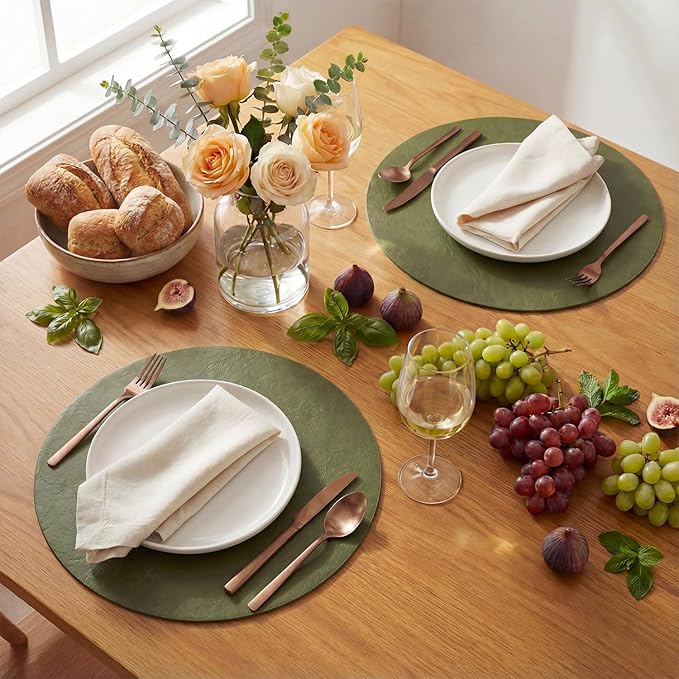 Artoid Mode Olive Green Faux Leather Placemats Set of 4, 15 Inch Waterproof Wipeable Heat Resistant Vinyl Place Mats, Reversible Table Mats for Kitchen Dining Decor