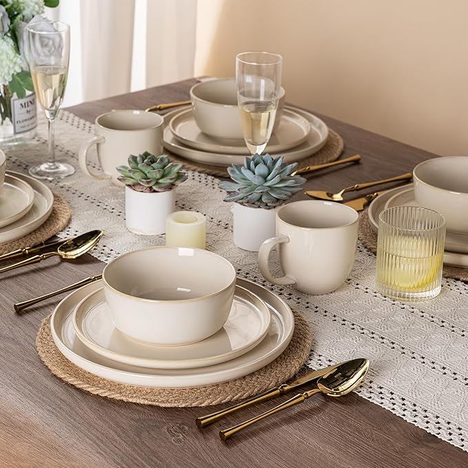 GBHOME Ceramic Dinnerware Sets for 4, 12 Pieces Stoneware Plates and Bowls Sets, Scratch Resistant Dishes, Dishwasher & Microwave Safe, Reactive Glaze-Vanilla color