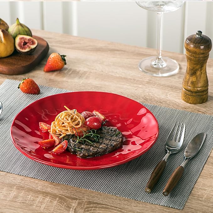vicrays Ceramic Dinner Plates Set, 10 Inch, Microwave, Oven, Dishwasher Safe, Round, Porcelain Fluted Suitable for Steak, Pasta, Pizza, Home, Restaurant - Set of 6 Red