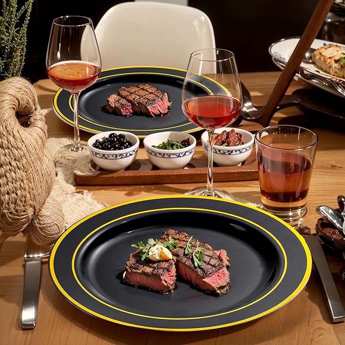 bUCLA 300PCS Black and Gold Disposable Dinnerware Set - 50 Guests Black Plastic Plates with Gold Rim Include 50 Dinner / 50 Dessert Plates, 50 Forks,50 Knives,50 Spoons&50 Cups for Party&New Year