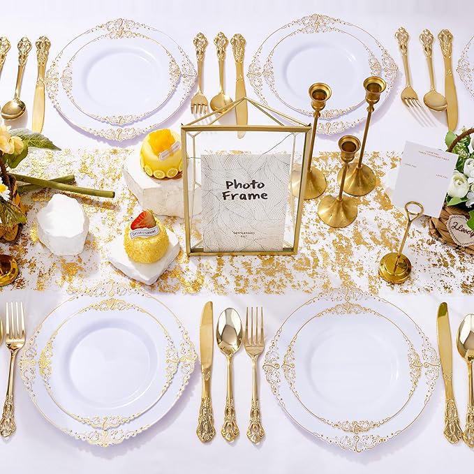 102PCS White and Gold Plastic Plates - Heavy Duty Gold Disposable Plates Include 51PCS 7.5inch Dessert Plates, 51PCS 10.25inch Dinner Plates for Wedding & Parties