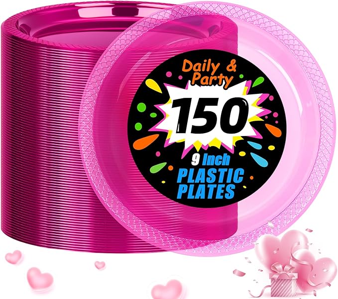 WELLIFE Neon Pink Party Plates 9 Inch -150 Count, Translucent Pink Plastic Disposable Dessert Plates for Fluorescent Neon Theme Party Cake Appetizers Valentine's Day Easter Baby Shower Mother's Day