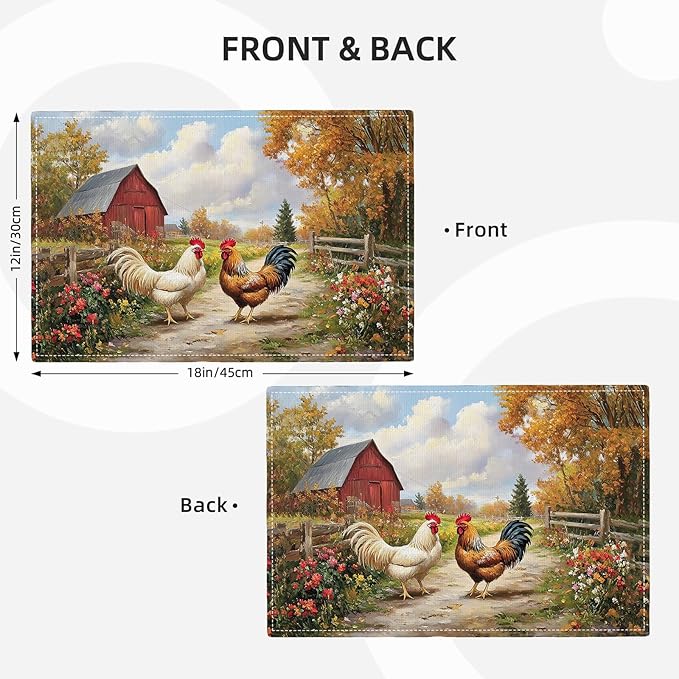 Farmhouse Rooster Placemats Set of 6, Farm Chicken Place Mats, Rustic Farm Coop Waterproof Washable Table Mats for Home Party Indoor Kitchen Dining Table Decoration 12x18 Inch