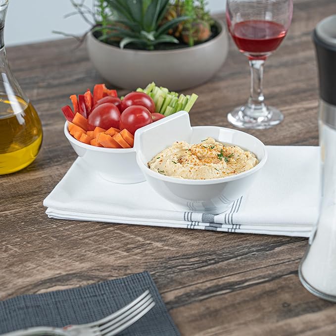 Restaurantware Voga 8.5 Ounce Divided Serving Dishes 10 Round Condiment Serving Dishes - 2 Compartments Serve Appetizers Snacks Dips Or Dressings White Melamine 2 Compartment Dishes