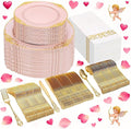 Ciaell 300PCS Pink and Gold Plastic Plates - Pink Disposable Dinnerware Sets for 50 Guests - 100 Plates, 50 Knives, 50 Forks, 50 Spoons, and 50 Napkins for Wedding, Party & Valentine's Day