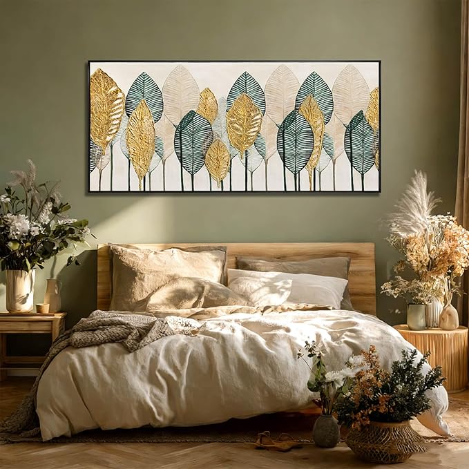 CHUDANHAO Green and Gold Wall Art Leaves Wall Decor Modern Canvas Painting 32"x70" Pictures for Dining Room Area Large Artwork for Living Room