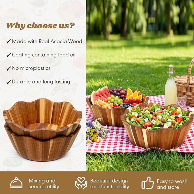 2 Pcs Scalloped Decorative Wooden Bowl 12 Inch Acacia Wood Fruit & Salad Serving Bowl Handcrafted Farmhouse Kitchen Serveware for Fruit, Pasta, Snacks and Home Decor