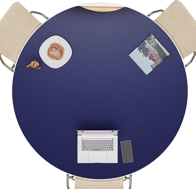CENNBIE 42 Inches Round Table Pad- Cork & Leather Table Mat - Suitable as Side Dining Coffee Table Cover - Can Be Cut to Fit (30"-42", Blue)