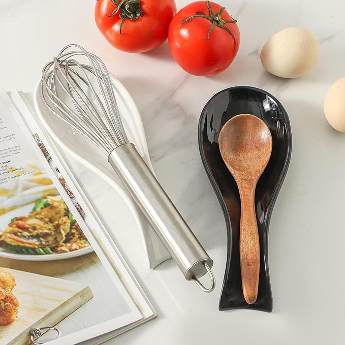 Ceramic Spoon Rest for Stove Top,Large 8.7 Inch Spoon Holder for Kitchen Counter,Porcelain Rest for Thankgiving and Christmas Gift,Dishwasher Safe and Heat-Resistant,White and Black(2 PC)