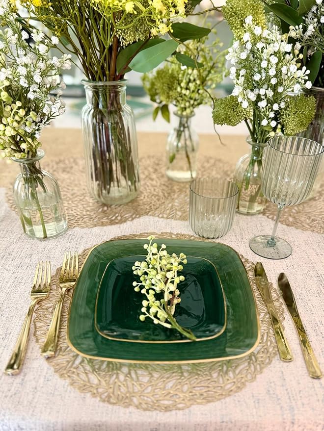 " OCCASIONS " 50 Plates Pack (25 Guests)-Wedding Party Disposable Plastic Plate Set -25 x 10'' Dinner + 25 x 7'' Salad & Dessert plates (Belize Square in Green & Gold)