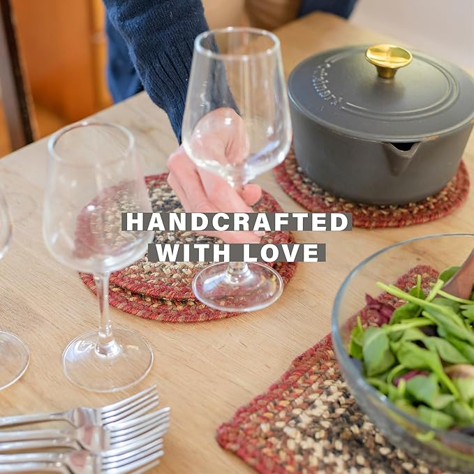 Homespice Chester Jute Woven Round Placemats Set of 6, 15", Warm Lodge and Cabin Decor, Red Table Mats - Vibrant Colors, Durable, Easy to Clean and Protects Furniture
