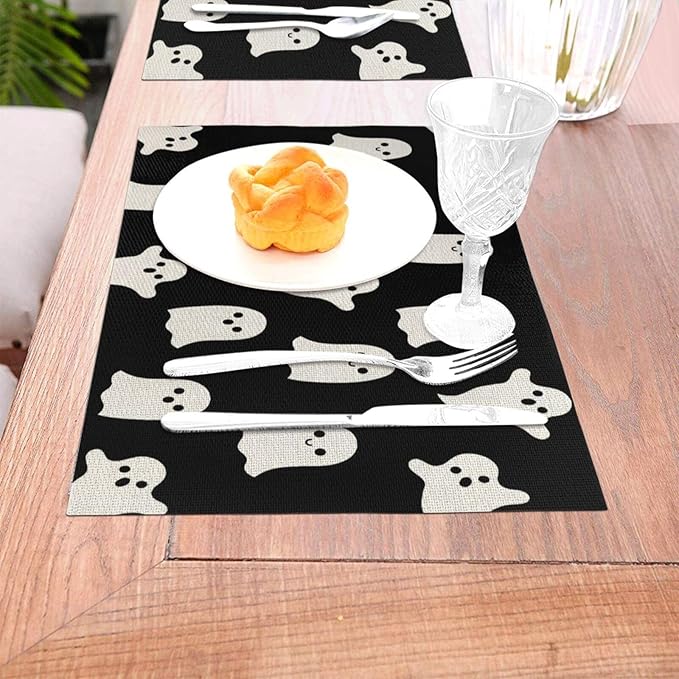 Halloween Placemats 12x18 Inches Set of 4,Black Beige Ghost Decorative Rectangle Autumn Halloween Decoration Black Ghost Table Mats for Party,Home Kitchen,Dining Table Decor