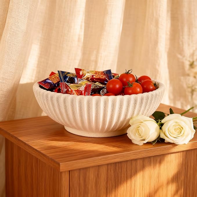DOVDOV Beige ruffled-edge decorative bowl, large modern fruit bowl, home decor bowl for kitchen counter, coffee table, or entryway table, minimalist key holder and centerpiece fruit bowl.