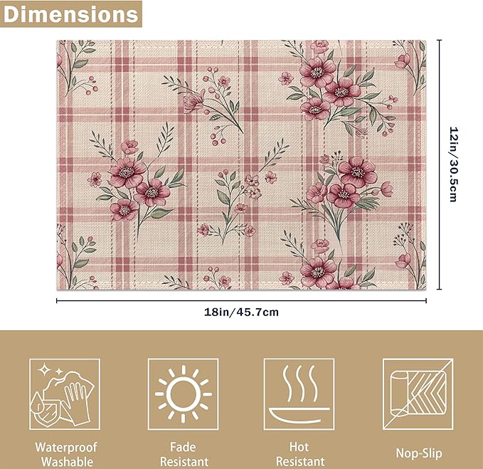 Colorful Floral Spring Plastic Placemats Set of 6 Cute Flowers Pink Place Mats Washable Kitchen Dining Linen Table Mats Stain Heat, for Home Party Indoor 12x18 in