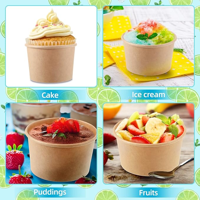 Honeydak 100 Pieces Ice Cream Soup Cups Paper 8 oz Disposable Sundae Bowls Kraft Paper Hot Cold Snack Yogurt Dessert Small Cups for Ice Cream Baby Shower Party Supplies, Brown Disposable Bowls