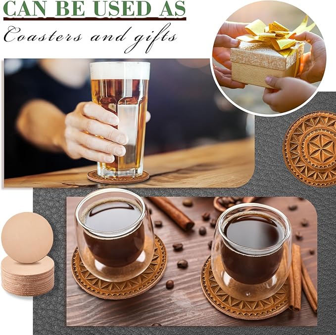 Bulyoou 50 Pack Round Vegetable Tan Leather 3-1/4" Tooling Veg Circular Leather Pieces Sheet for Laser Engraving Coasters Tooling Stamping Carving, Thickness 3.2 mm