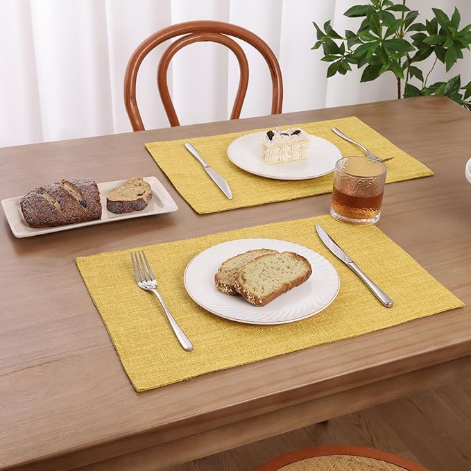 SHACOS Washable Cloth Placemats Set of 6 Fabric Place Mats Non Slip Double Layered Thick Faux Linen Placemat Reversible Table Mats Home Wedding Table Decor, Yellow