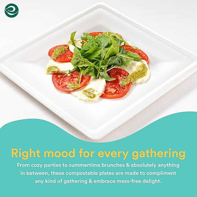 ECO SOUL Compostable Square Paper Plates 6 Inch (400 Count) Small Plates for Dessert, Heavy Duty, Eco-Friendly Sugarcane Bagasse For Appetizer- White