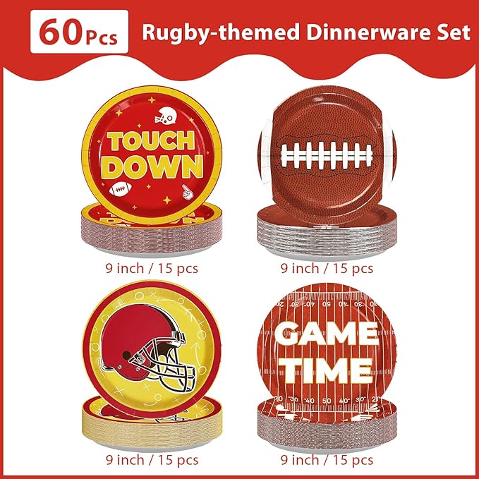Greencain 60Pcs Chiefs Football Paper Plates Red and Gold Football Paper Plates American Rugby Touchdown Disposable Tableware for Tailgate Sports Birthday Party Supplies Decorations