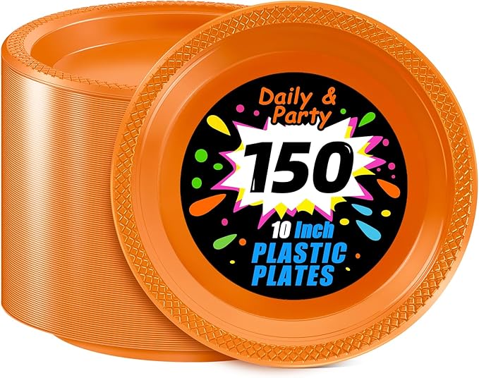 WELLIFE Orange Party Plates 10 Inch -150 Count, Plastic Disposable Dinner Plates for Party Easter Halloween Thanksgiving Picnic BBQ
