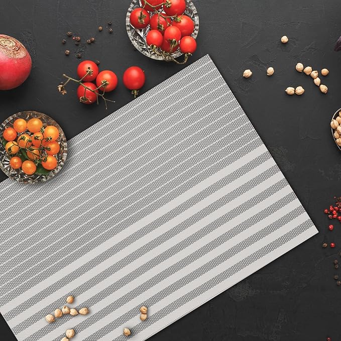 Placemats Set of 4 Vinyl Washable Grey Placemats, 18"x12" Wipeable Heat-Resistant Non-Slip Easy Clean Table Mats Ideal for Dining Table Table Runner and Outdoor (4, Grey Stripe)