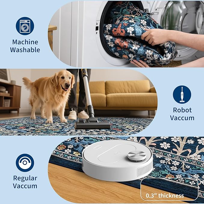 GarveeHome Floral Hallway Runner Rug, 2.5x8 Kitchen Runner Rugs, Washable Non Slip Entryway Rugs Indoor, Ultra-Thin Stain Resistant Carpet Floor Mat for Laundry Room, Dark Blue
