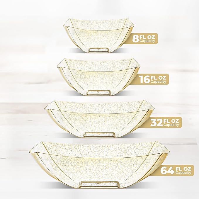 Posh Setting - Gold Glitter Plastic Serving Bowls for Party (16oz - 4 Pack) Square, Disposable, Candy Containers for Candy Buffet